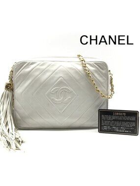Chanel CC Logo Quilted Lambskin Leather Fringe Chain Shoulder Bag White